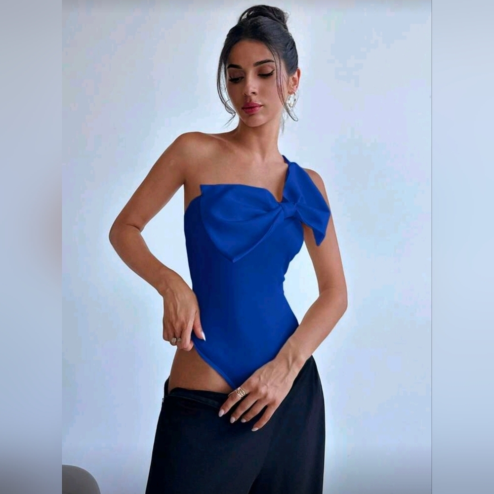 SHEIN Royal Blue One-Shoulder Bow Bodysuit